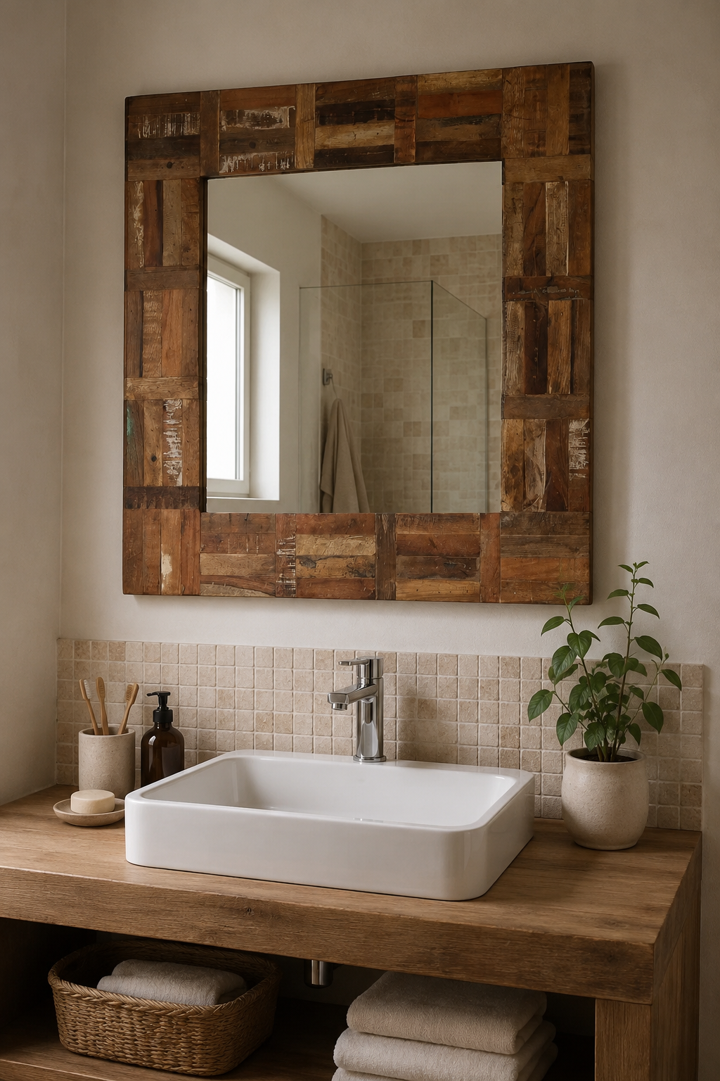 Miroir Carré Bois Recyclé Vintage Pièce Unique