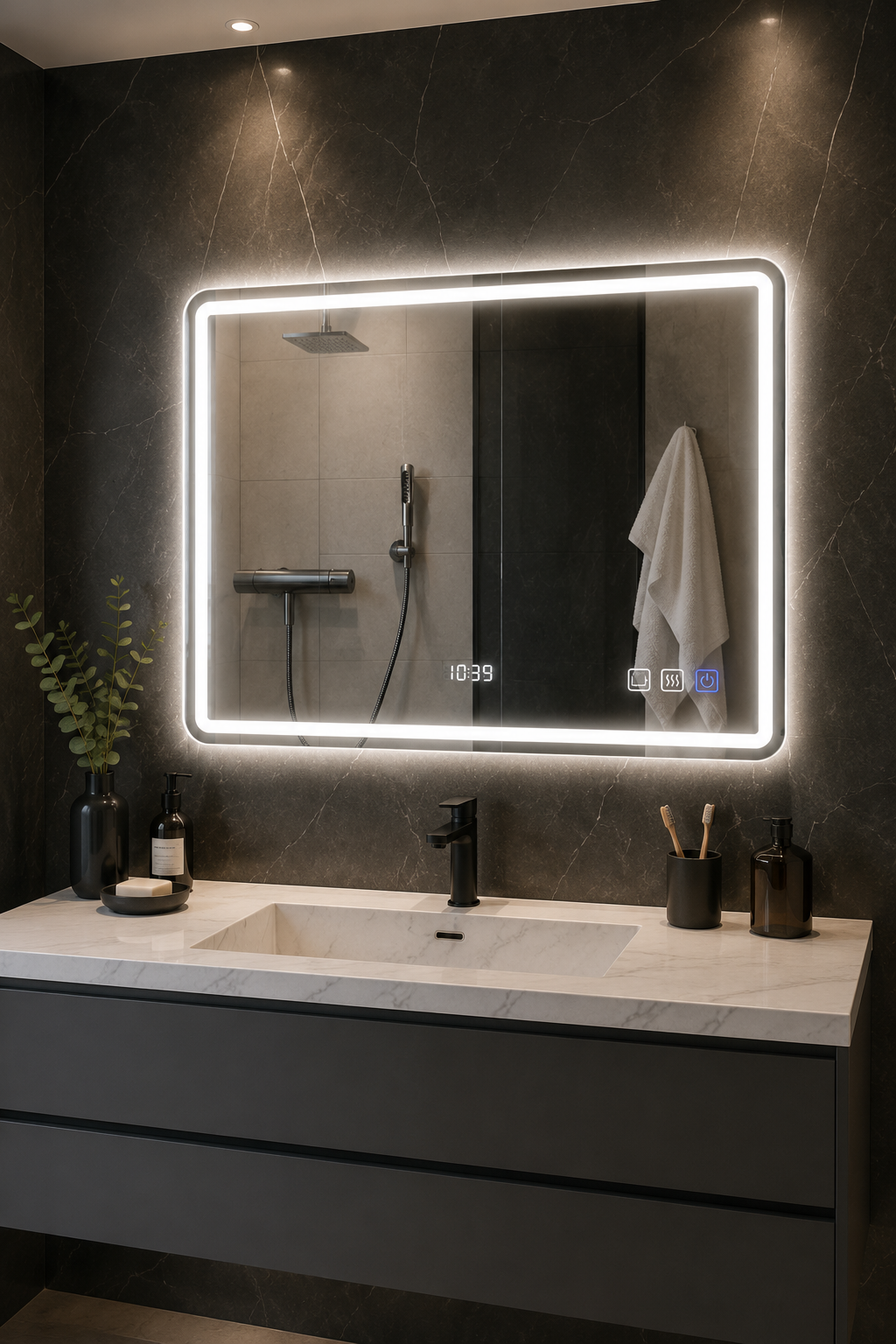Miroir LED Connecté Bluetooth Horloge Anti-Buée Grand Format