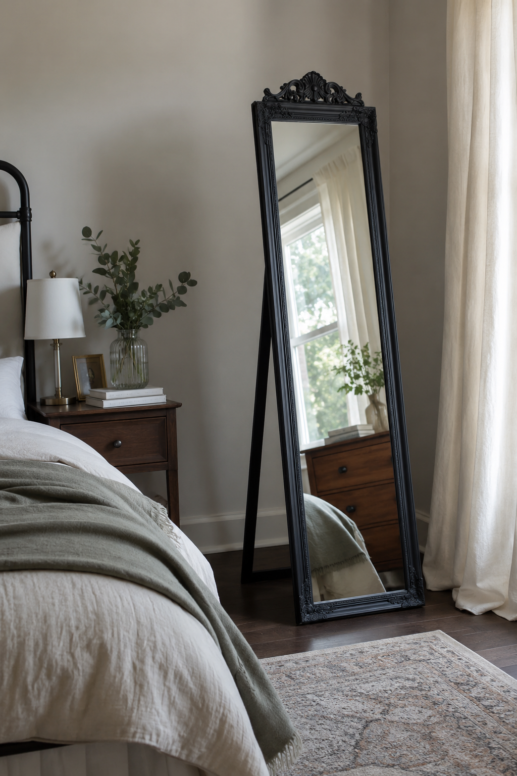 Miroir Sur Pied Baroque Noir Cadre Sculpté