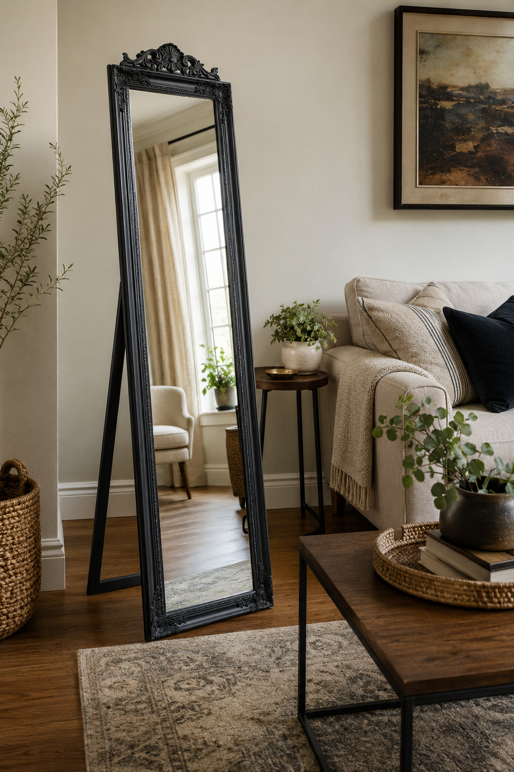 Miroir Sur Pied Baroque Noir Cadre Sculpté