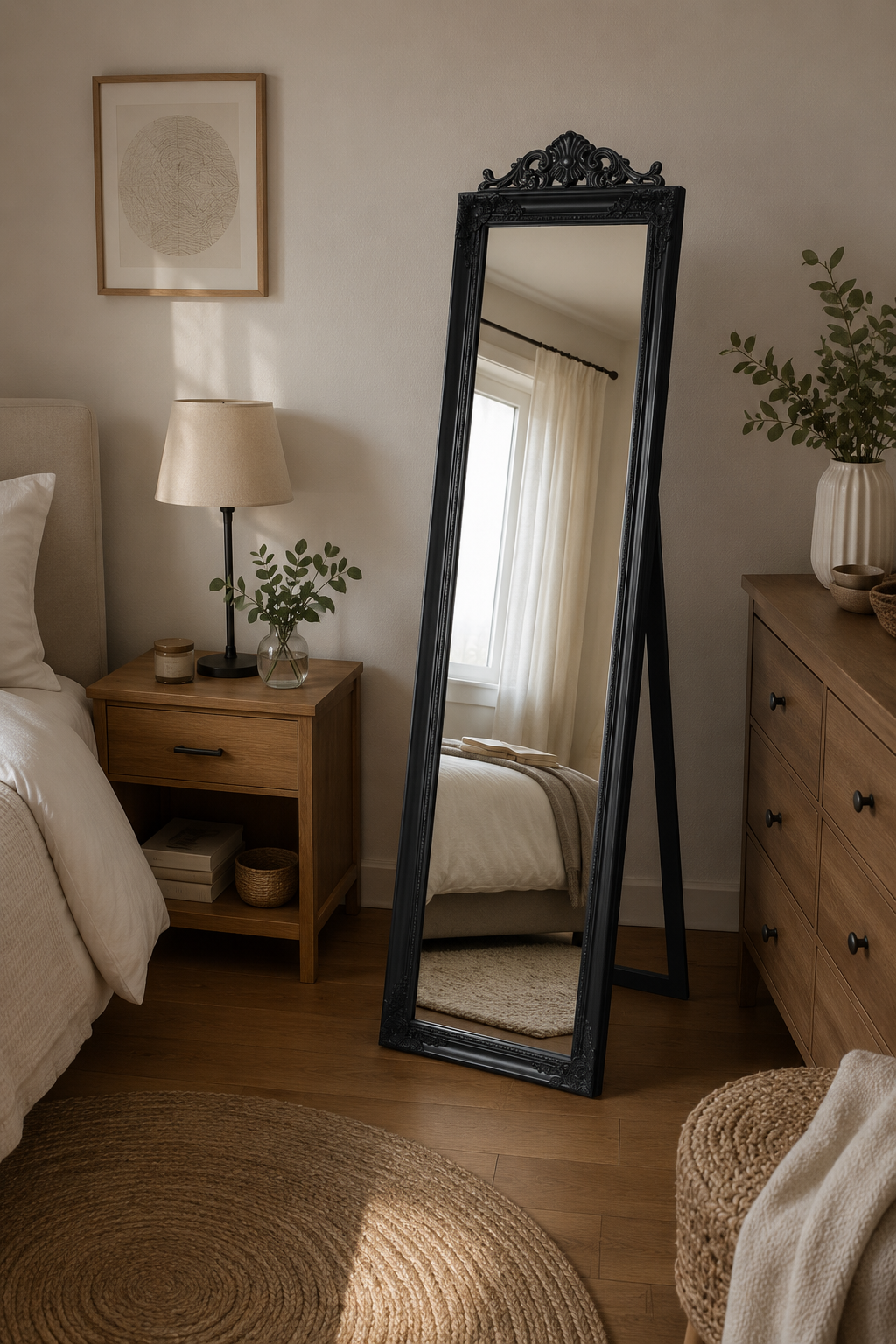 Miroir Sur Pied Baroque Noir Cadre Sculpté