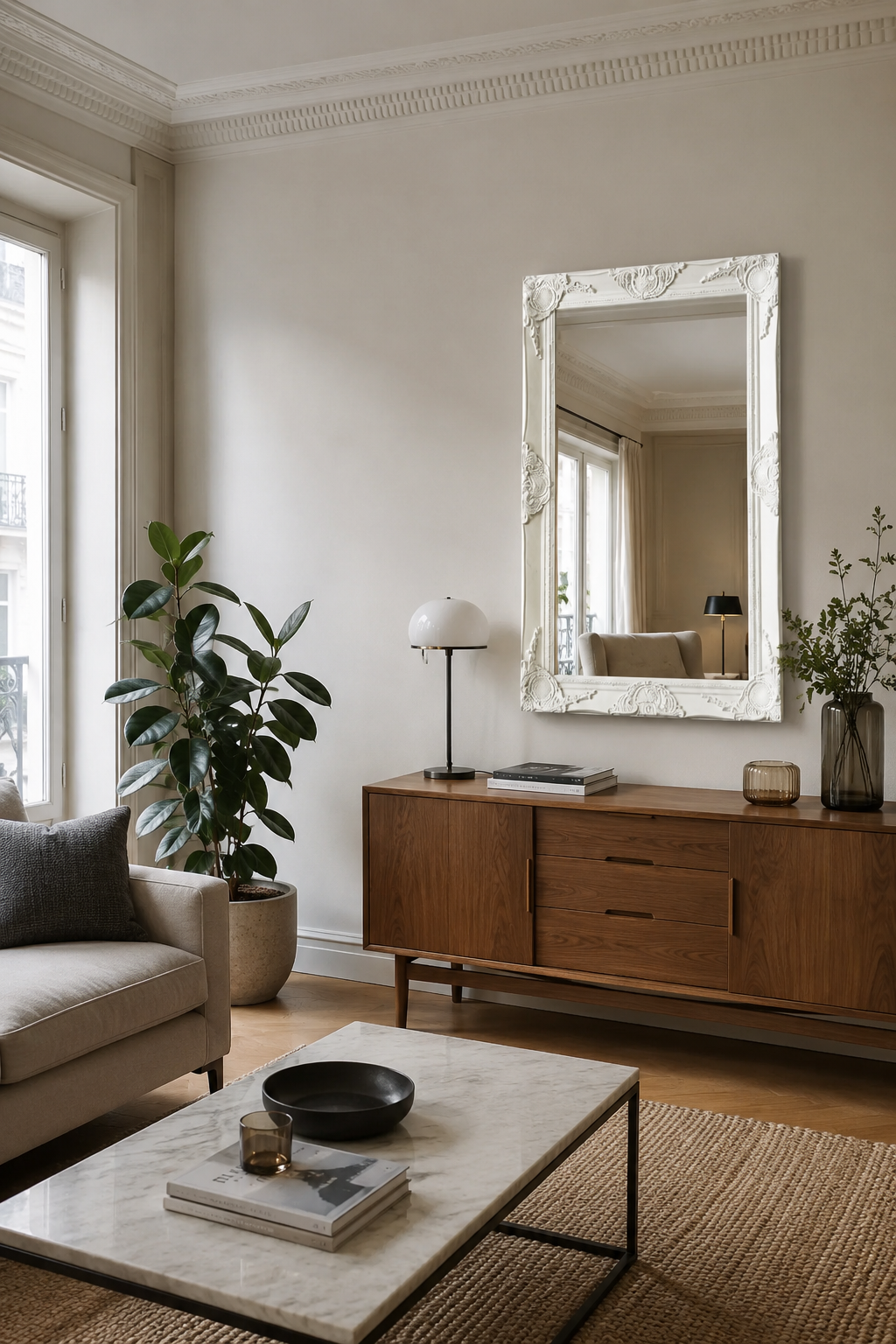 Miroir Baroque Blanc Vertical Cadre Ornemental