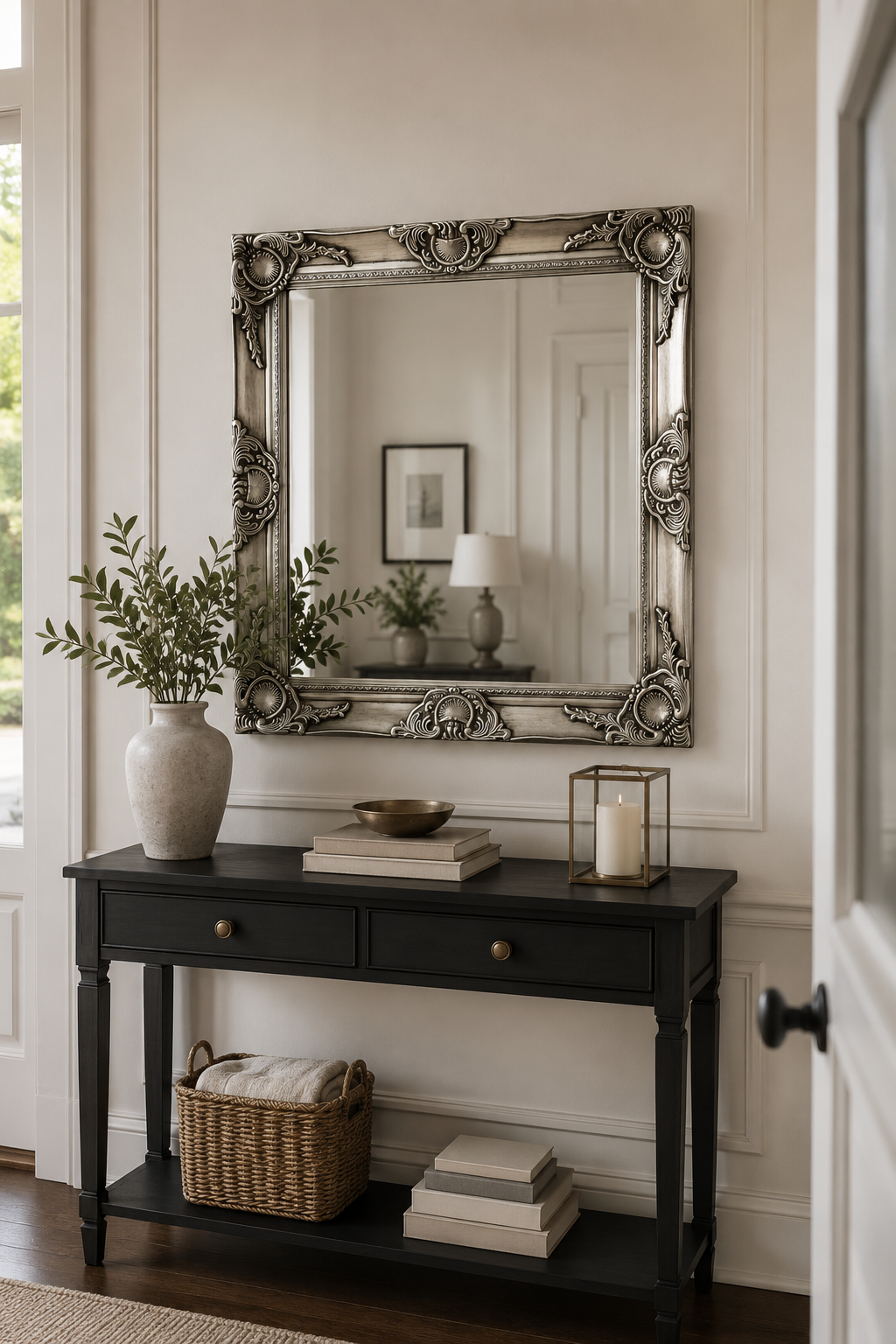 Miroir Baroque Argenté Carré Cadre Ornemental