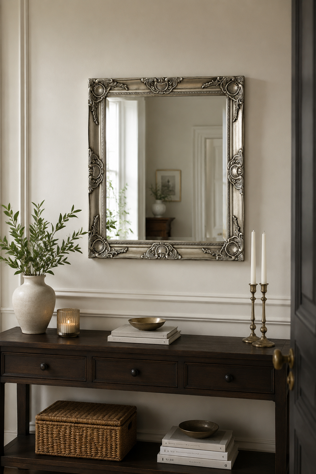Miroir Baroque Argenté Carré Cadre Ornemental
