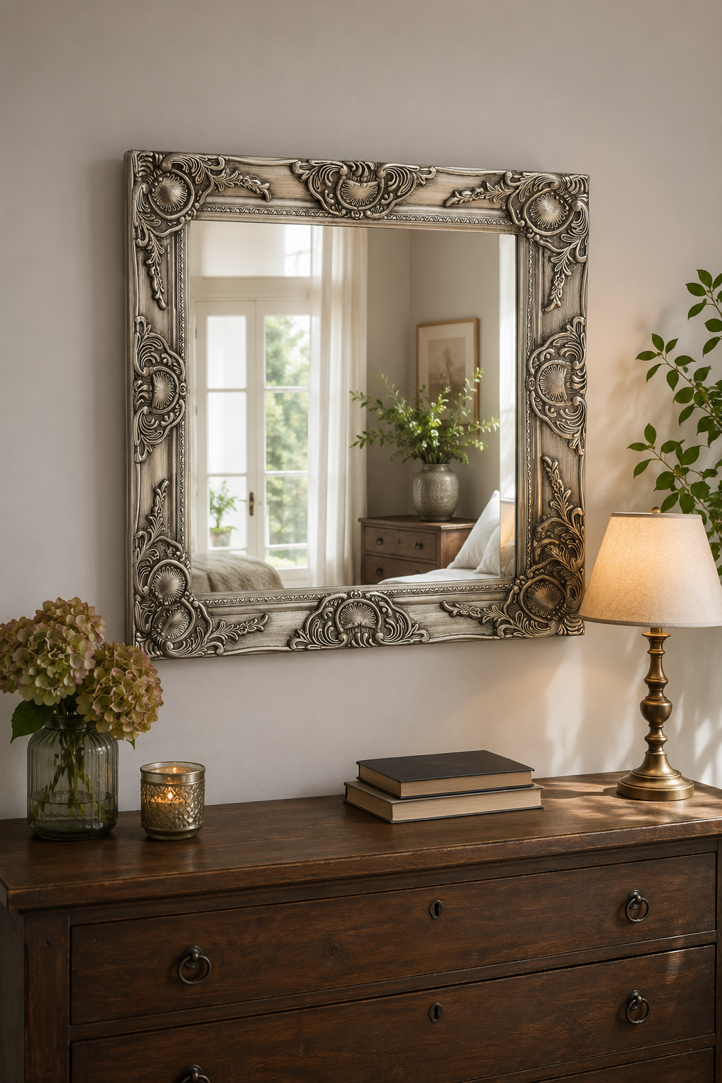 Miroir Baroque Argenté Carré Cadre Classique