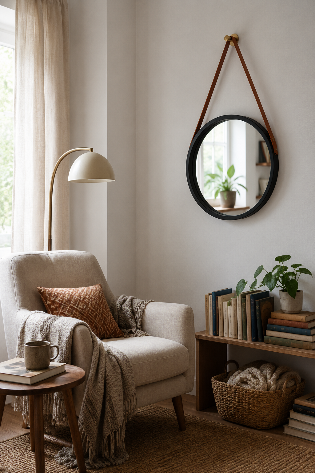 Miroir Rond Suspendu Sangle Cuir Vintage 5 Coloris