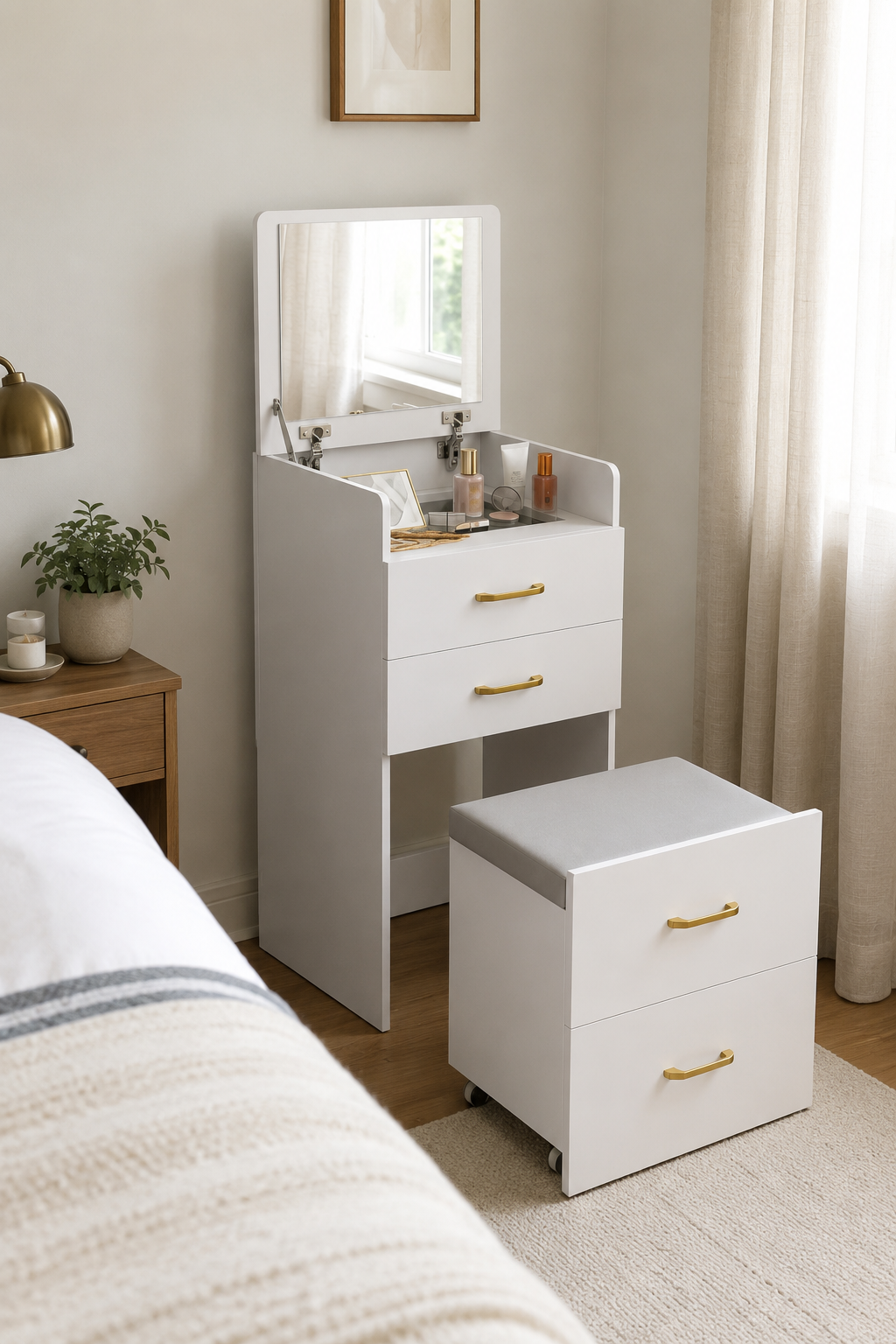 Coiffeuse 3-en-1 Blanche Miroir Intégré Tabouret Roulettes