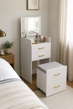 Coiffeuse 3-en-1 Blanche Miroir Intégré Tabouret Roulettes