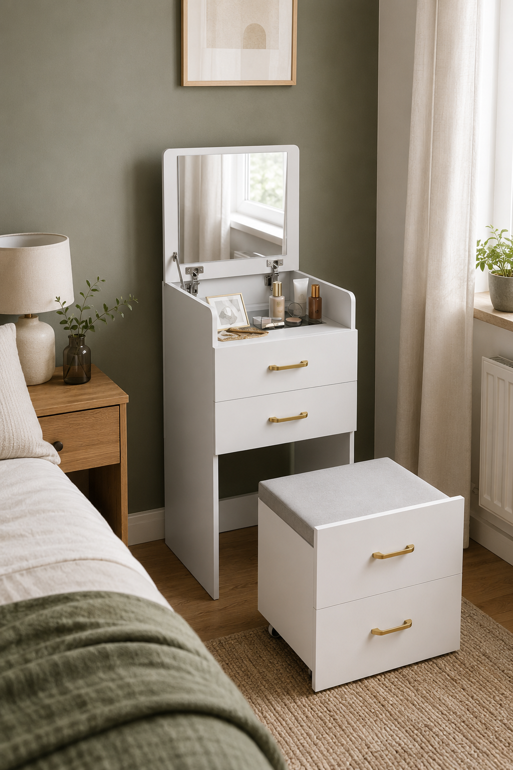 Coiffeuse 3-en-1 Blanche Miroir Intégré Tabouret Roulettes
