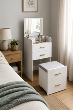 Coiffeuse 3-en-1 Blanche Miroir Intégré Tabouret Roulettes