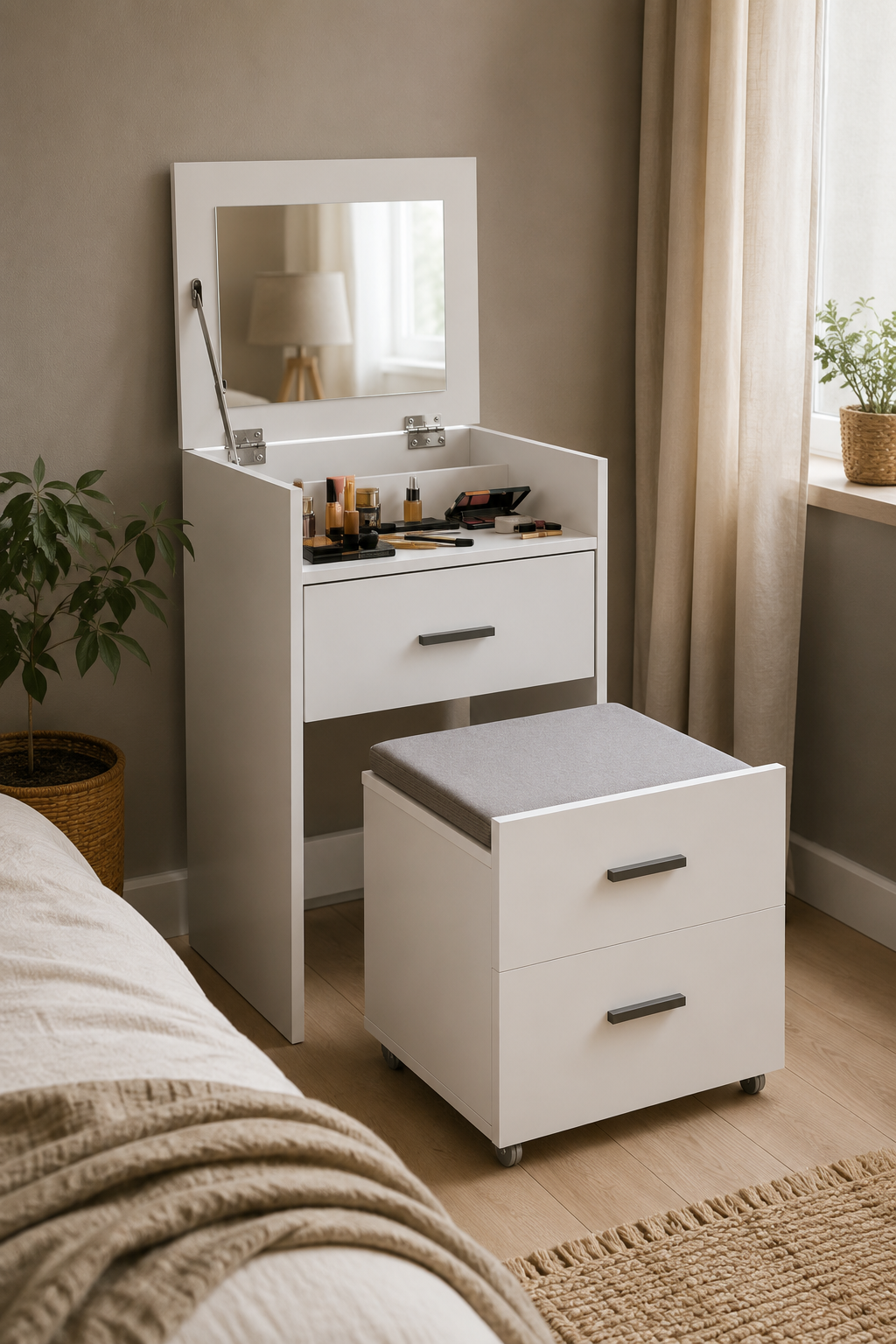 Coiffeuse Bois Blanc Miroir Rabattable 2 Tiroirs Tabouret
