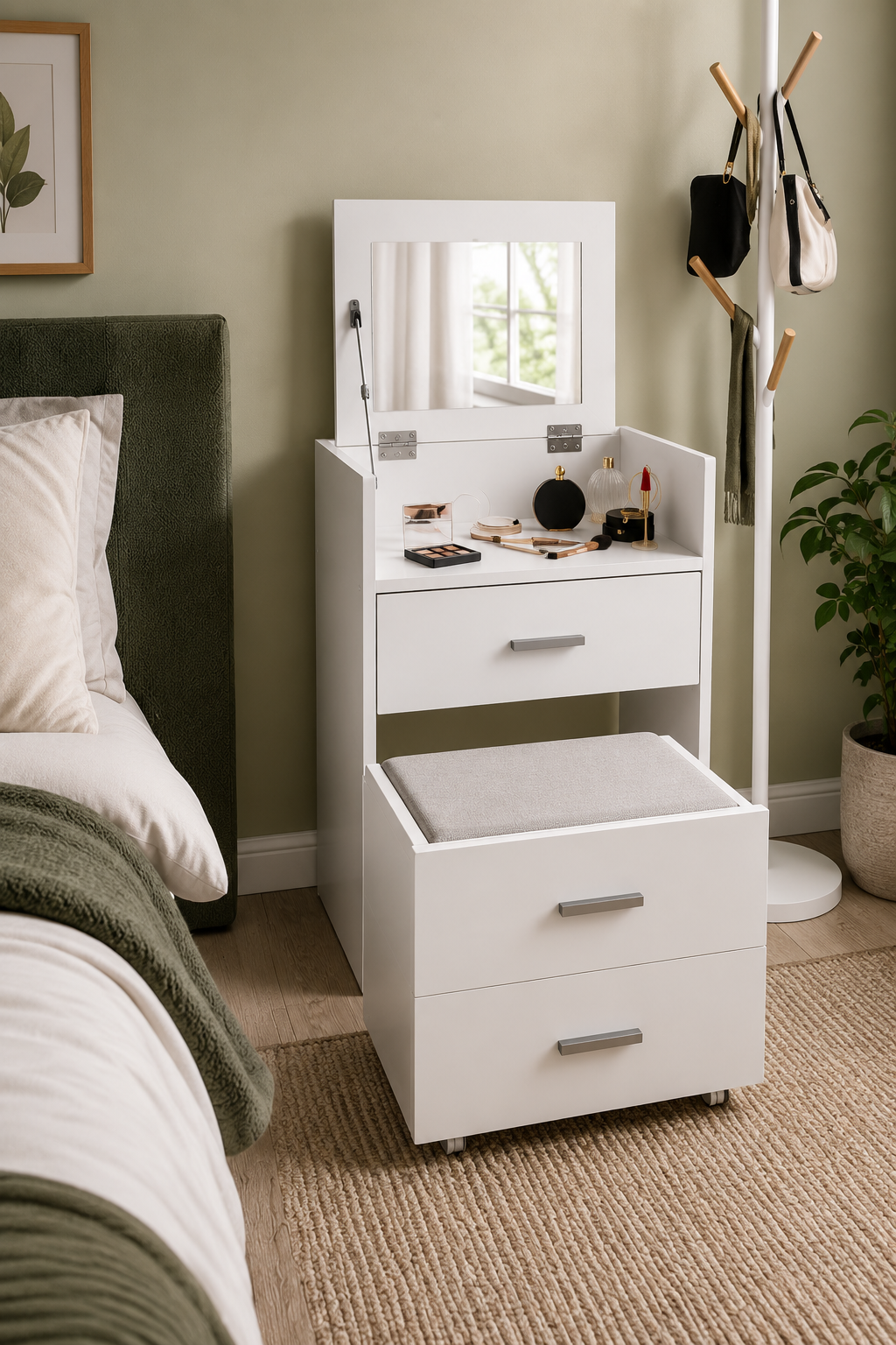 Coiffeuse Bois Blanc Miroir Rabattable 2 Tiroirs Tabouret