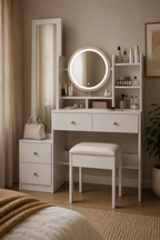 Coiffeuse 4-en-1 Miroir LED Pleine Longueur 4 Tiroirs Tabouret