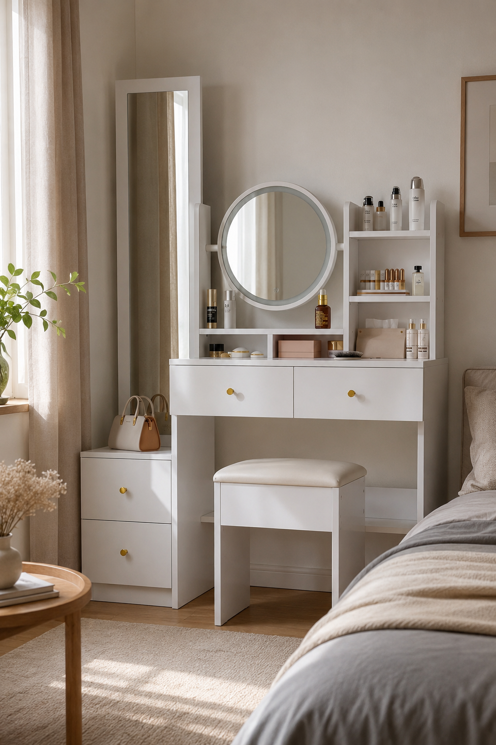 Coiffeuse 4-en-1 Miroir LED Pleine Longueur 4 Tiroirs Tabouret