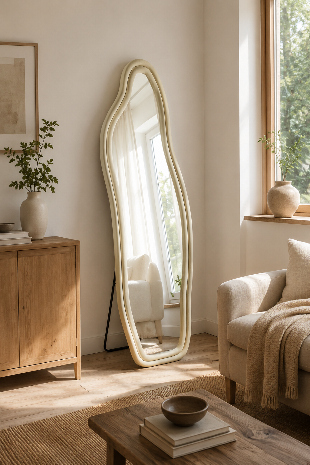 Miroir Sur Pied Ondulé Asymétrique Cadre Flanelle