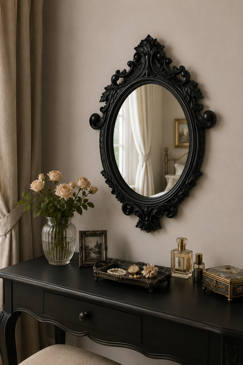 Miroir Baroque Noir Cadre Ornemental Style Château