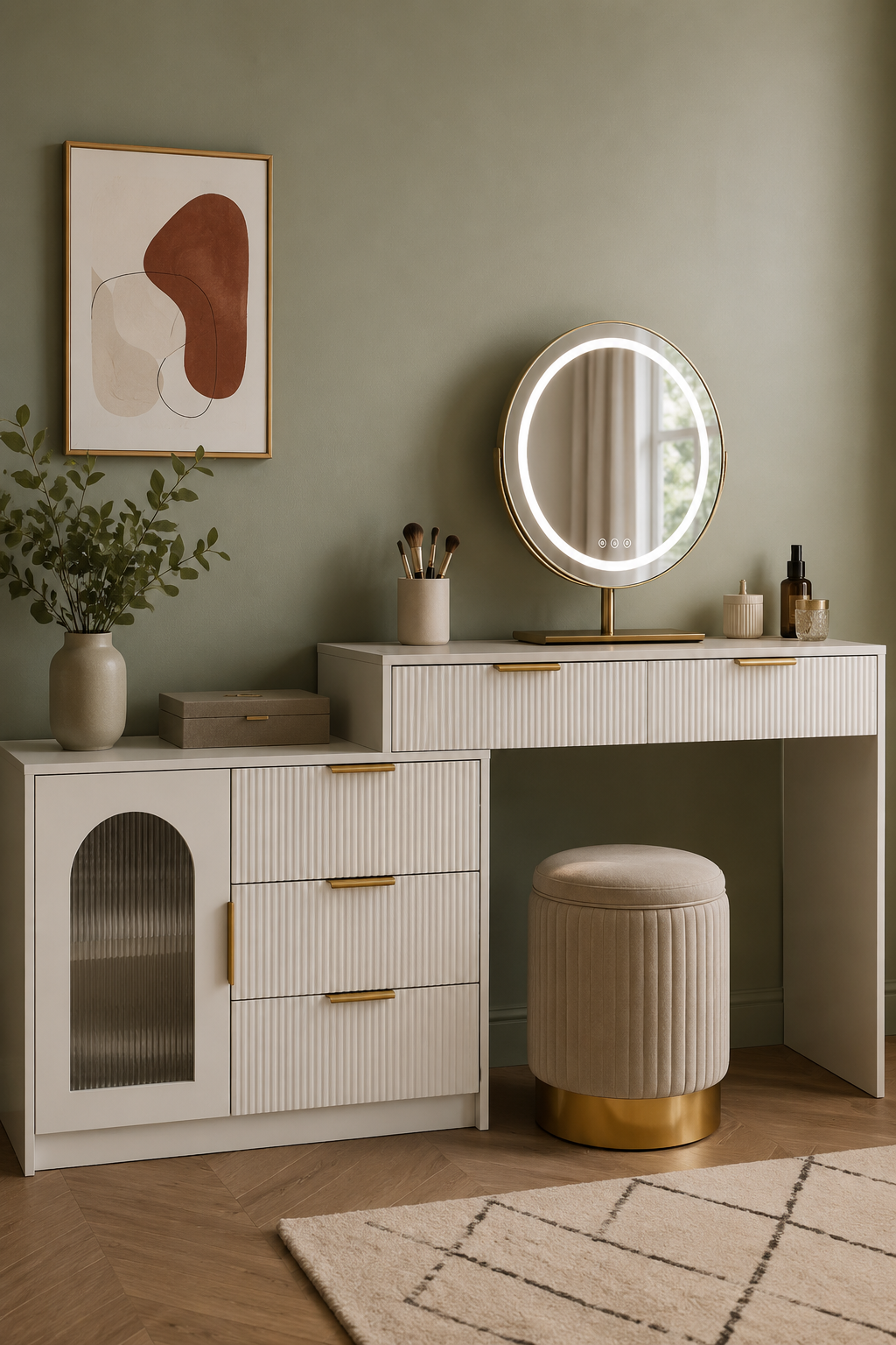 Coiffeuse Extensible Plateau Verre Miroir LED Design Cannelé