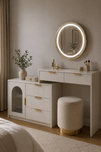 Coiffeuse Extensible Plateau Verre Miroir LED Design Cannelé