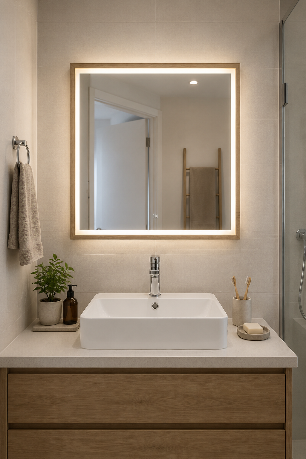 Miroir LED Salle de Bain Cadre Chêne Artisanal