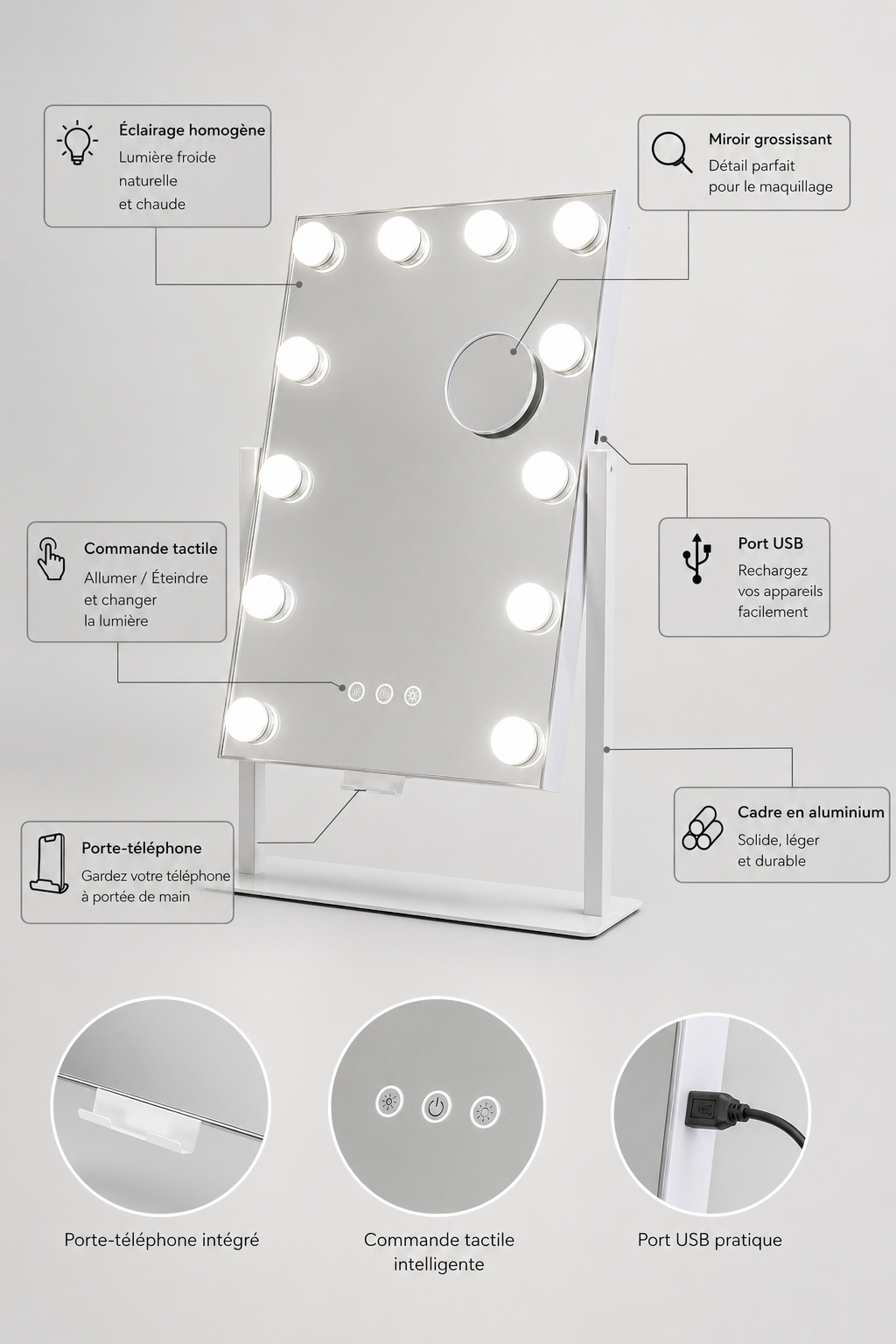 Miroir Hollywood LED Grossissant x10