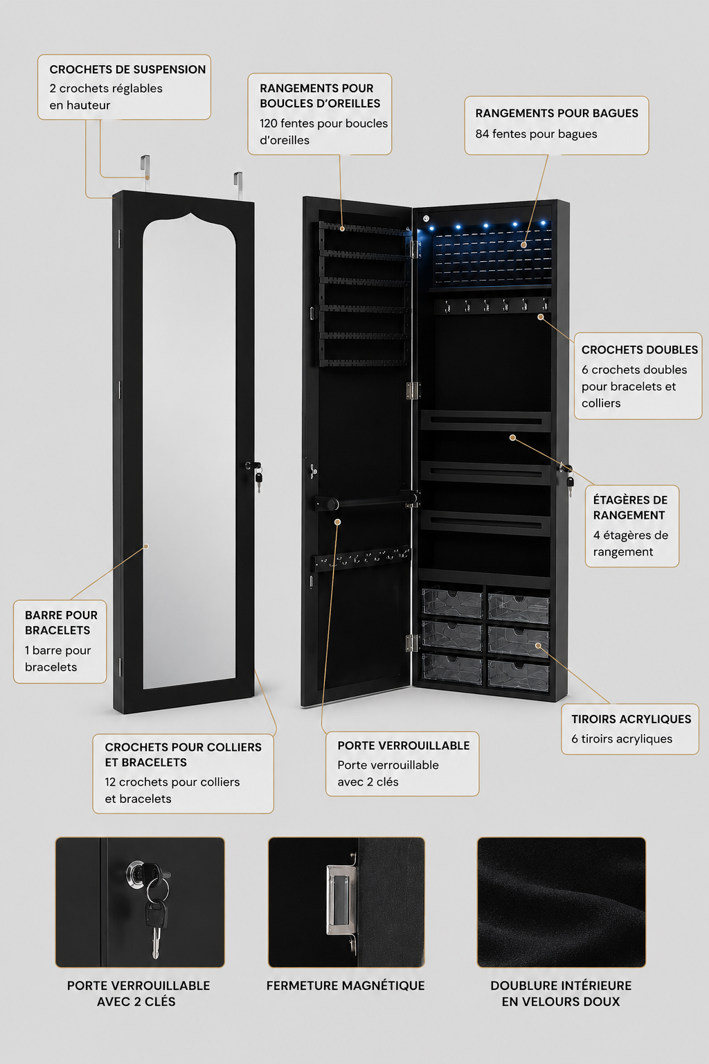 Armoire à Bijoux Porte Miroir Pleine Longueur 6 Tiroirs
