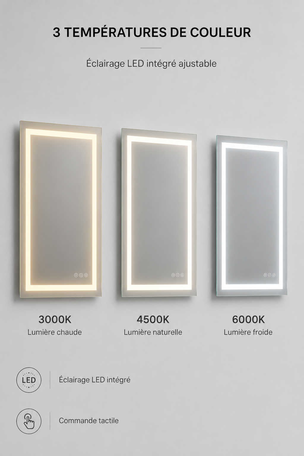 Miroir LED Maquillage Double Éclairage Anti-Buée IP44