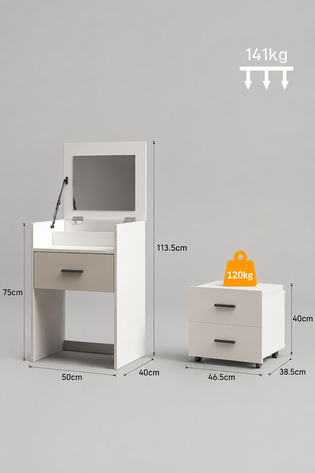 Coiffeuse Bois Blanc Miroir Rabattable 2 Tiroirs Tabouret