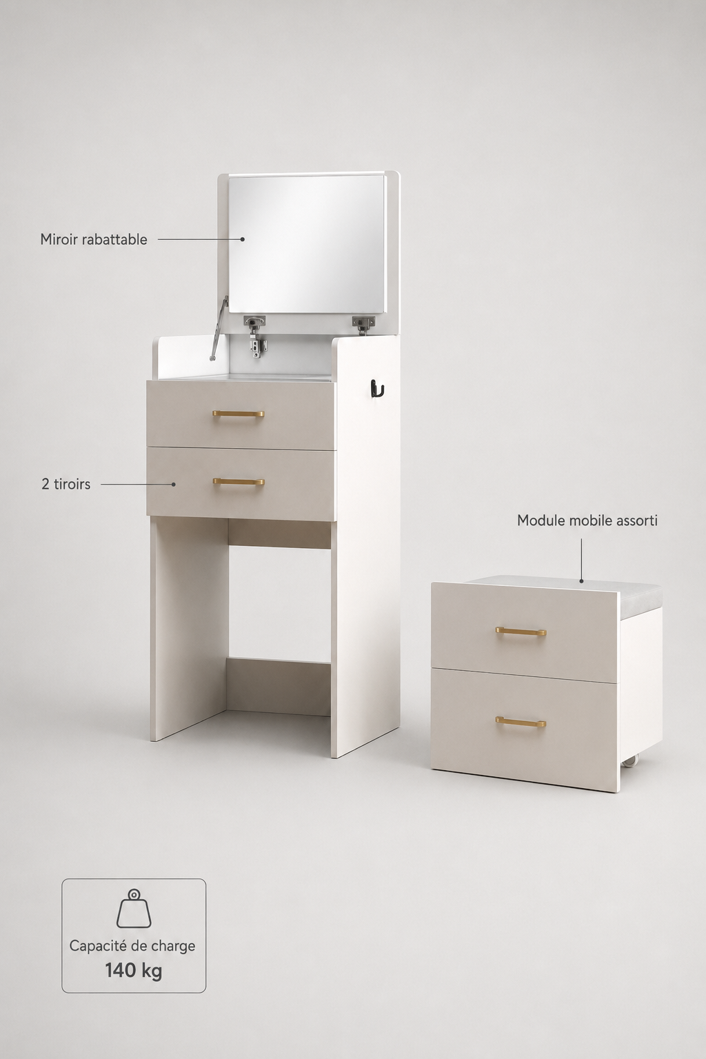 Coiffeuse 3-en-1 Blanche Miroir Intégré Tabouret Roulettes
