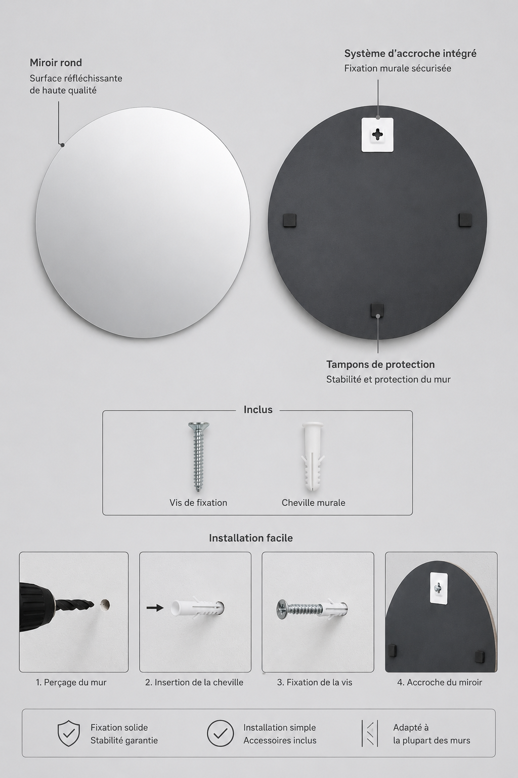 Miroir Rond Sans Cadre Bord Poli Minimaliste 4 Diamètres