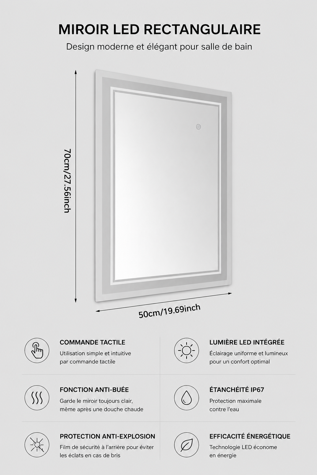 Miroir LED Intelligent Double Lumière Anti-Buée Tactile