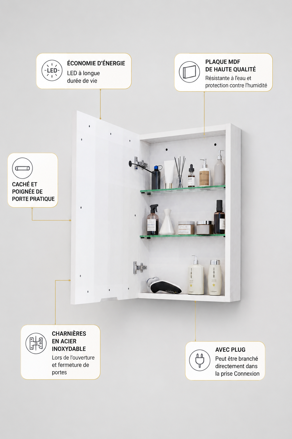 Armoire de Toilette LED Ajustable Simple ou Double Porte Blanche