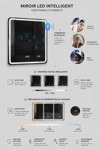 Miroir LED Connecté Bluetooth Horloge Anti-Buée Grand Format
