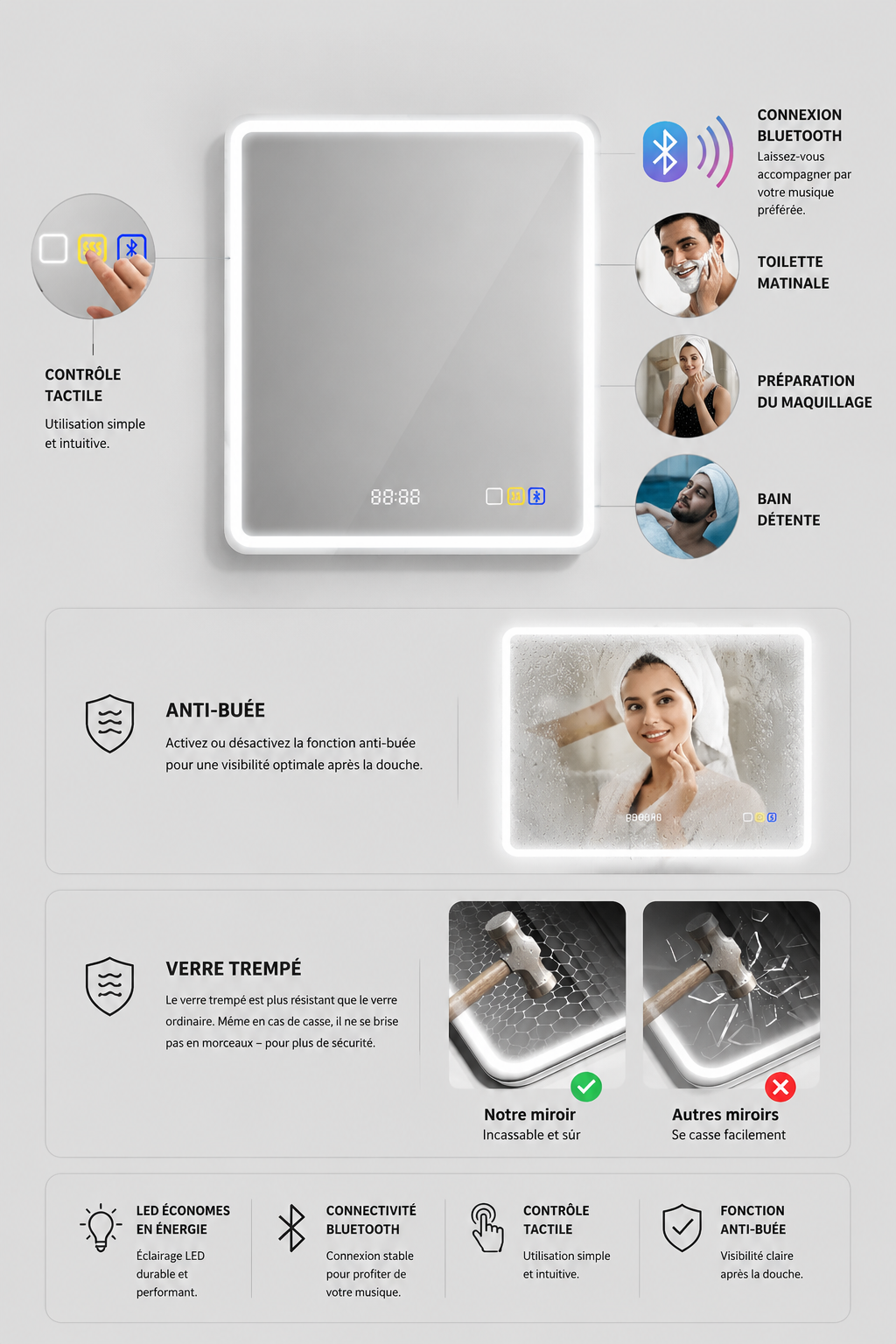 Miroir LED Connecté Bluetooth Horloge Anti-Buée Grand Format