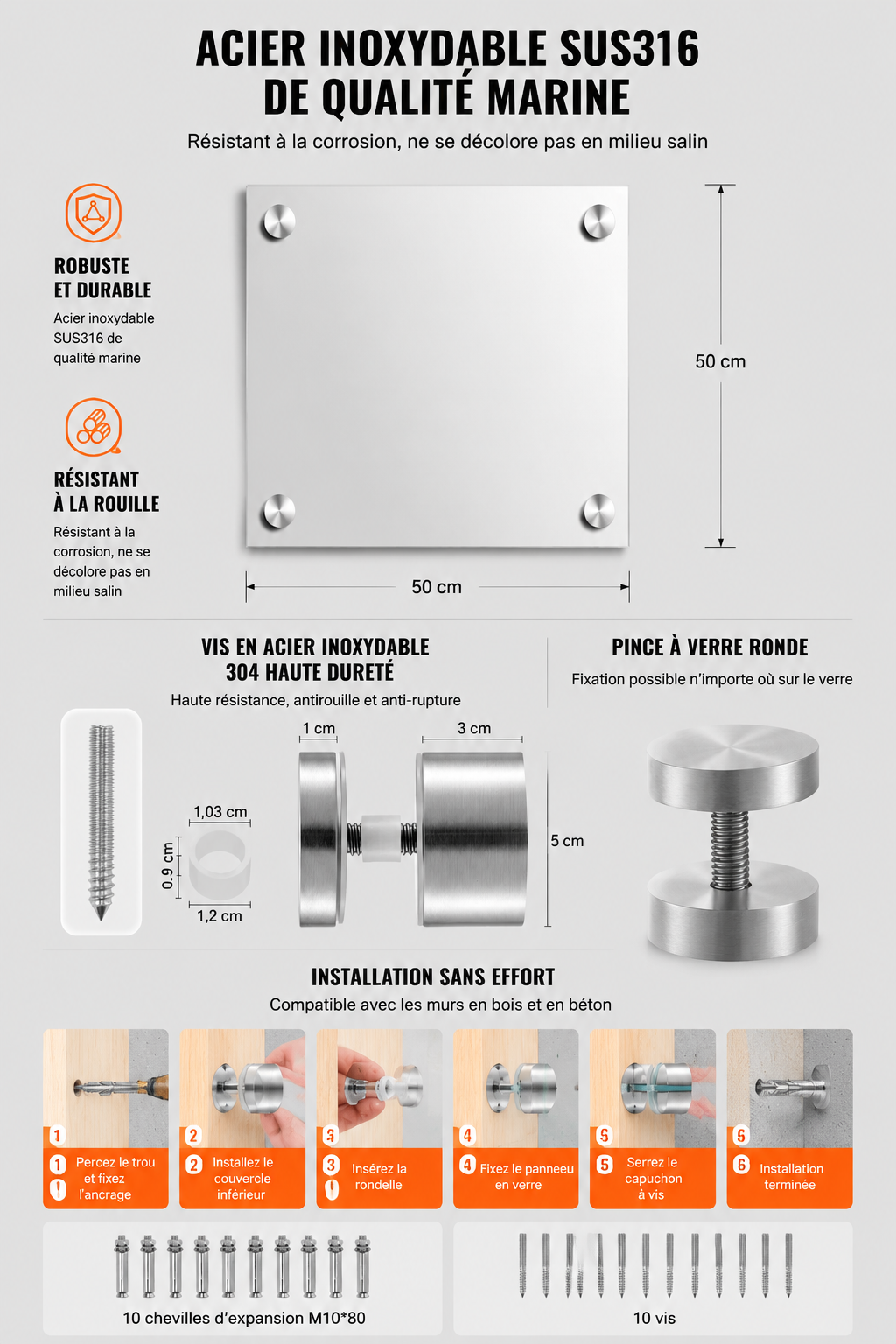 Kit Fixation Miroir Pinces Rondes Inox 316 Noir ou Argenté