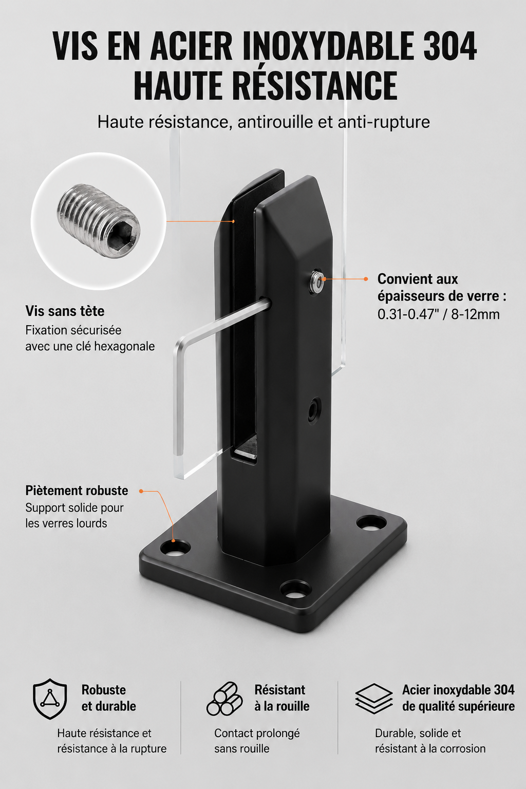 Kit Fixation Miroir Pinces Carrées Inox Noir ou Argenté