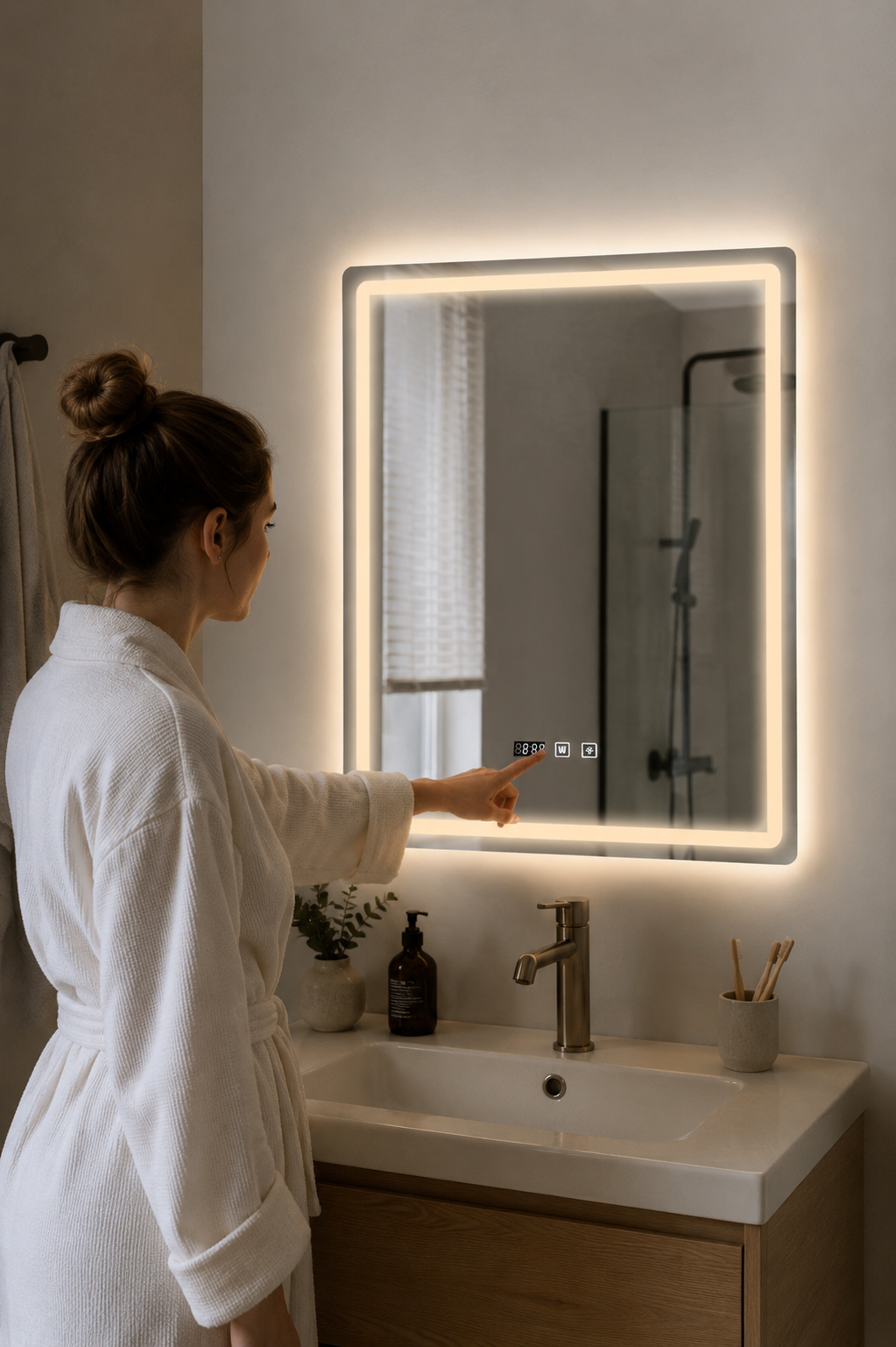 Miroir LED Anti-Buée Affichage Heure Température Tactile
