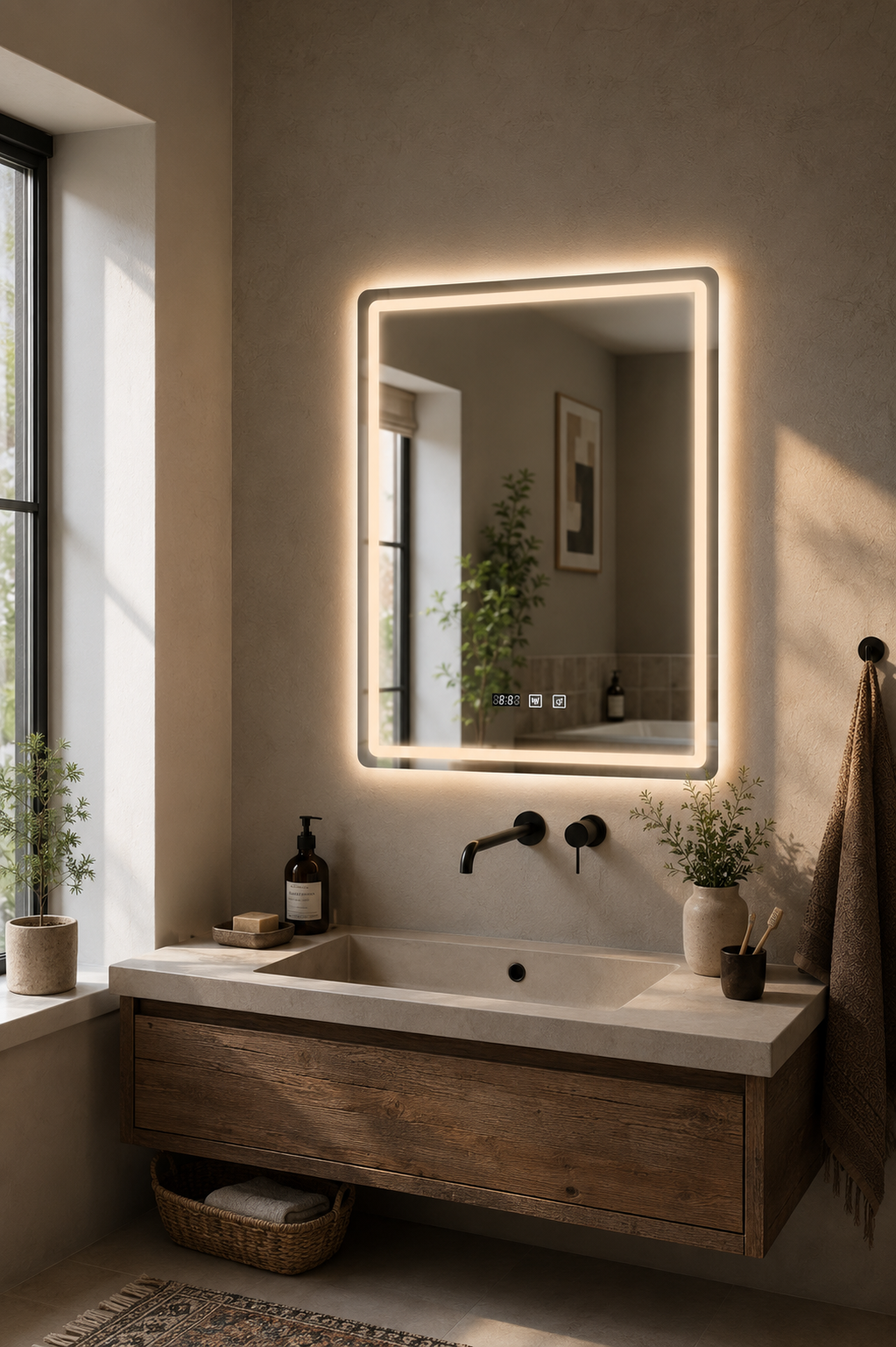 Miroir LED Anti-Buée Affichage Heure Température Tactile
