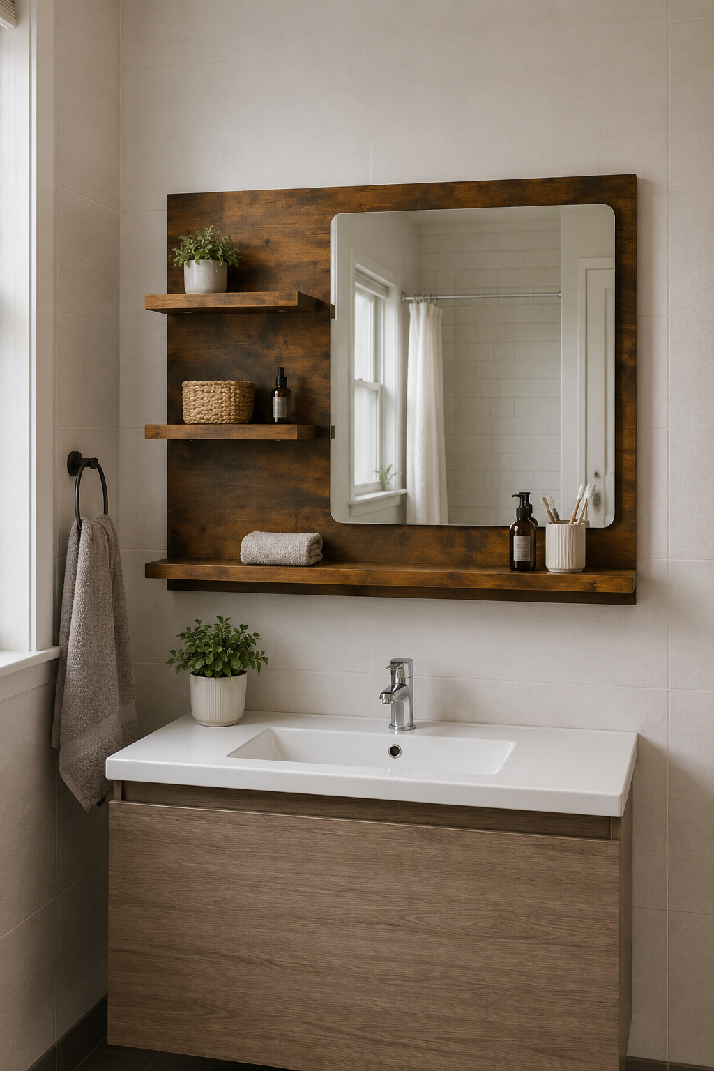 Miroir Salle de Bain Chêne Fumé Tablette Intégrée