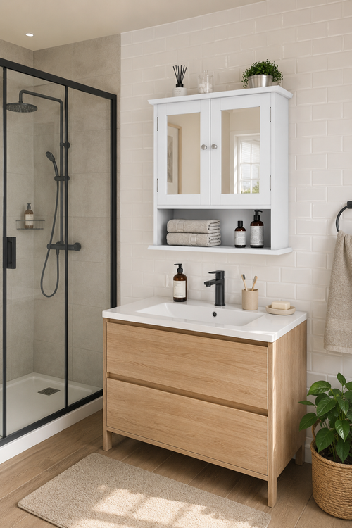 Armoire de Toilette Blanche Porte Miroir Étagère Ajustable