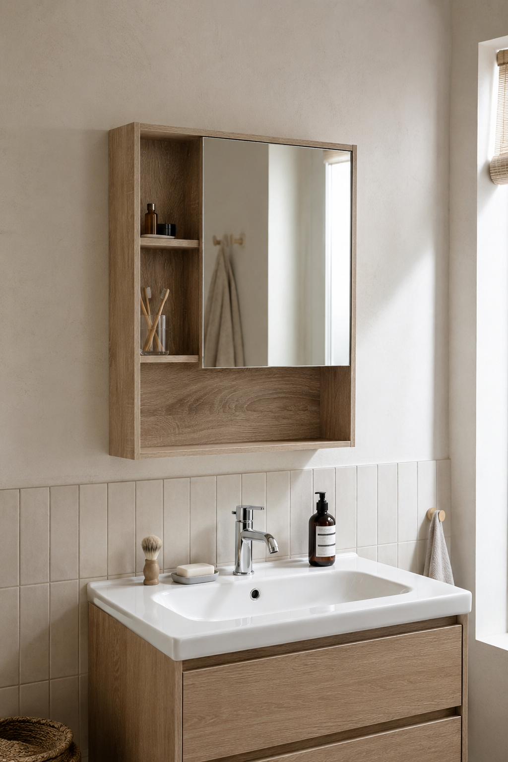 Armoire de Toilette Chêne 5 Compartiments Étagère Ajustable