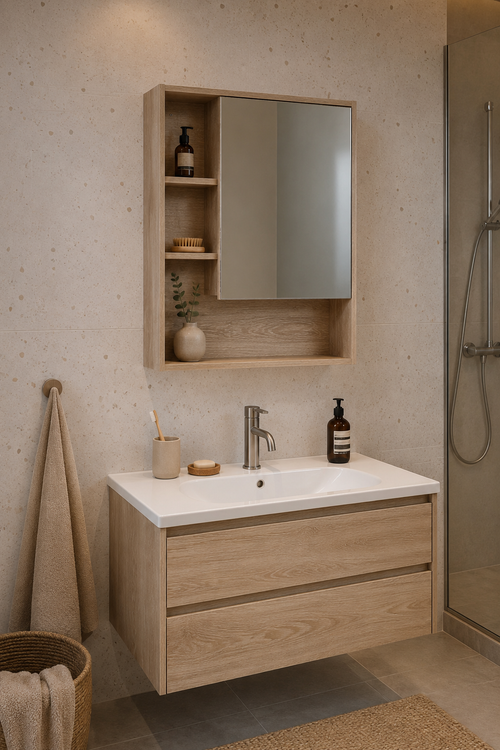 Armoire de Toilette Chêne 5 Compartiments Étagère Ajustable