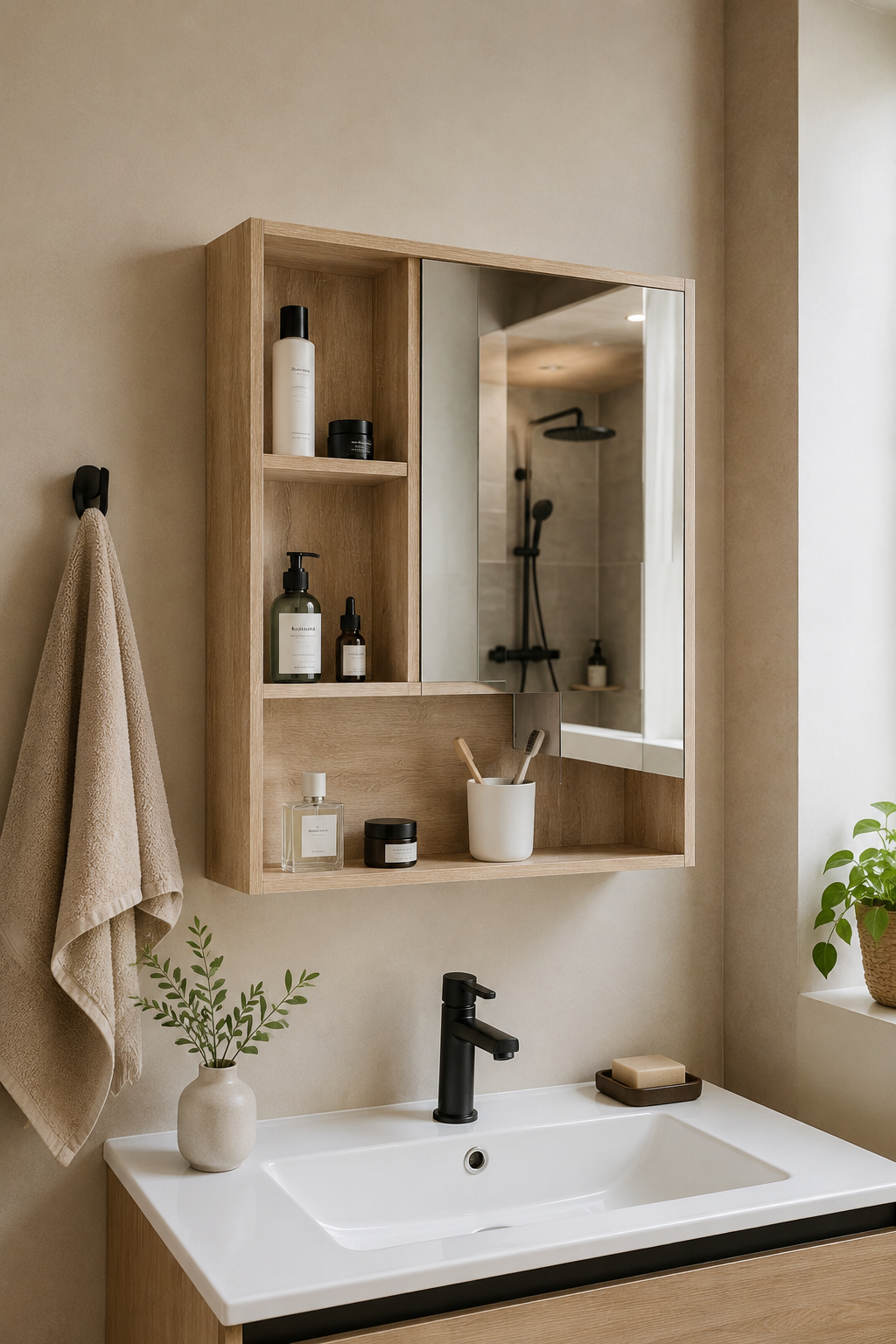 Armoire de Toilette Chêne 5 Compartiments Étagère Ajustable