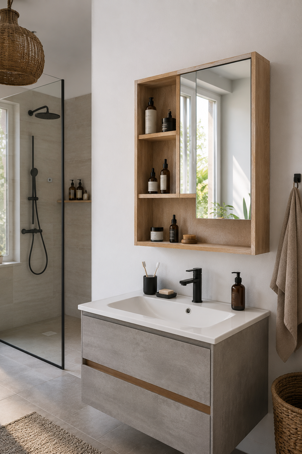Armoire de Toilette Chêne 5 Compartiments Étagère Ajustable
