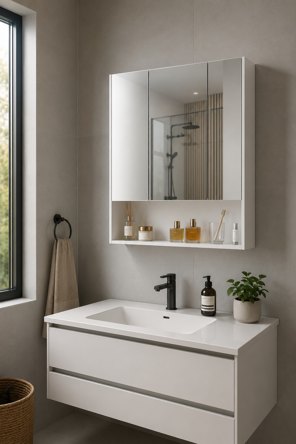 Armoire de Toilette Blanche Portes Miroir Compartiment Ouvert