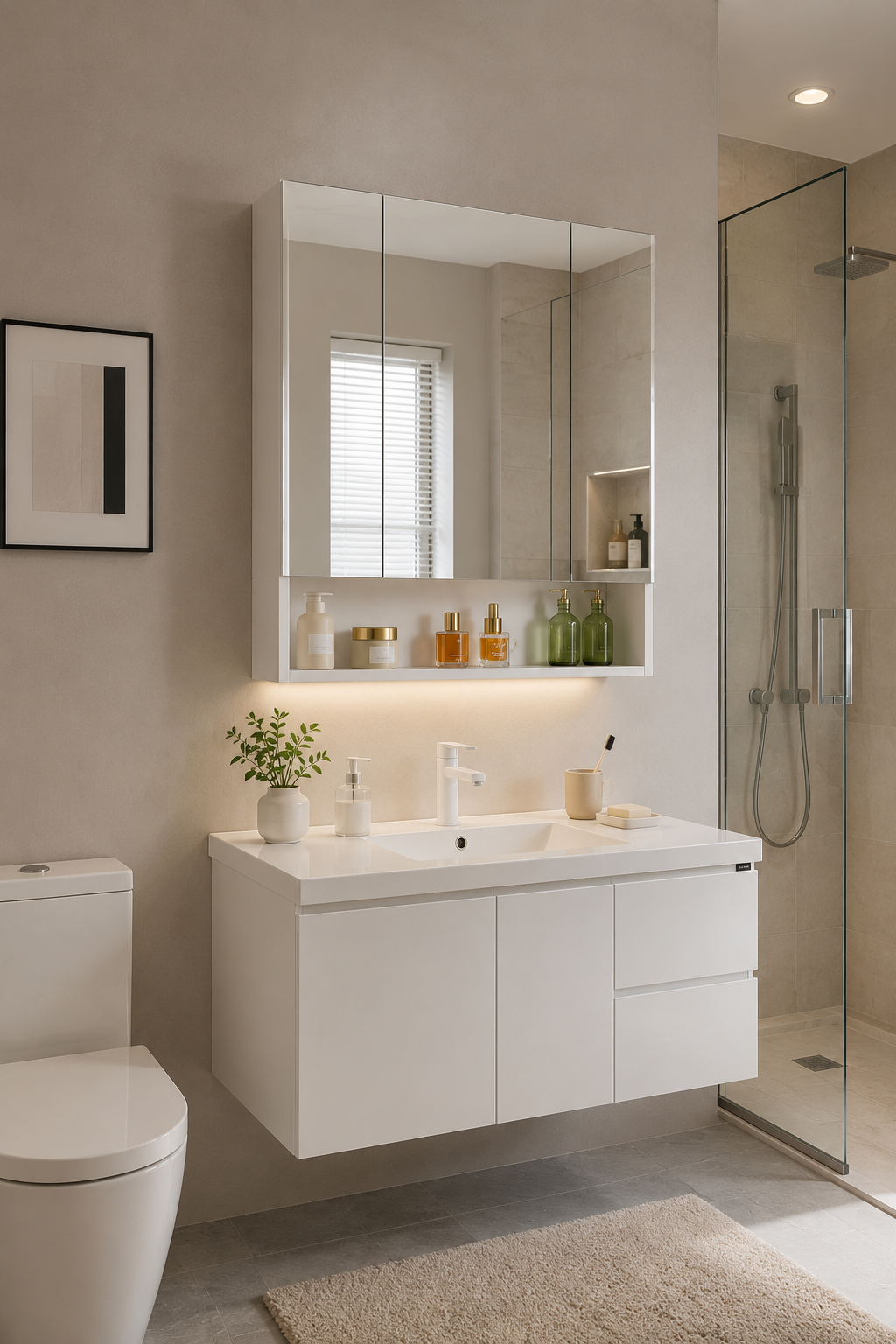 Armoire de Toilette Blanche Portes Miroir Compartiment Ouvert