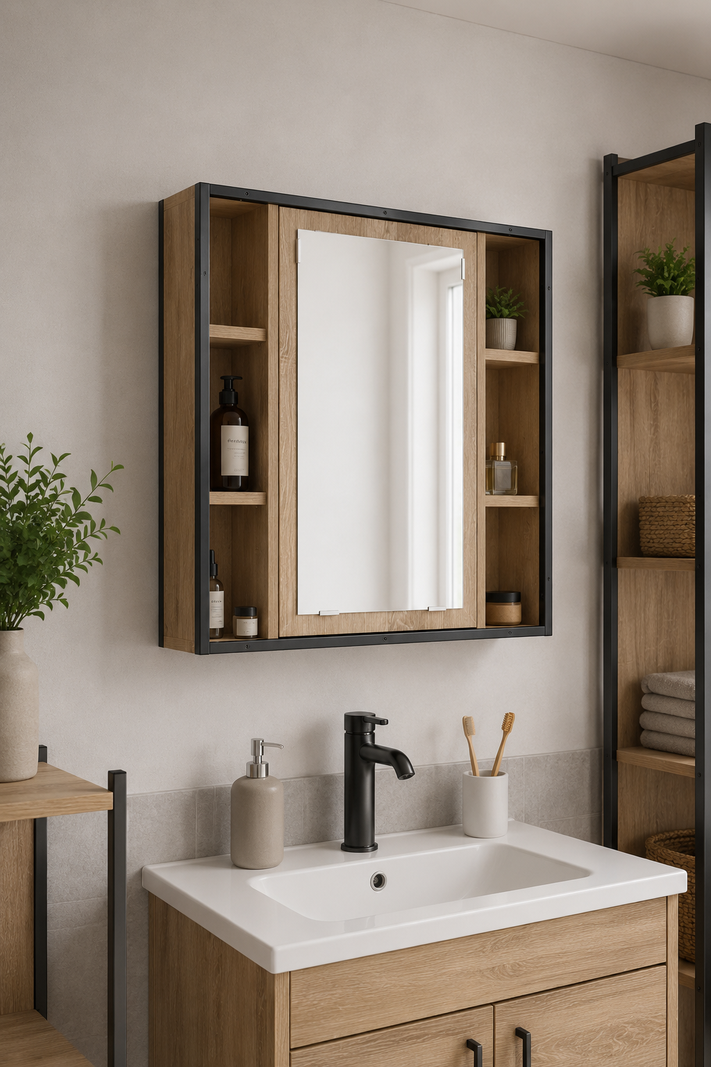 Armoire de Toilette Beige Grand Rangement Porte Miroir 3 Formats