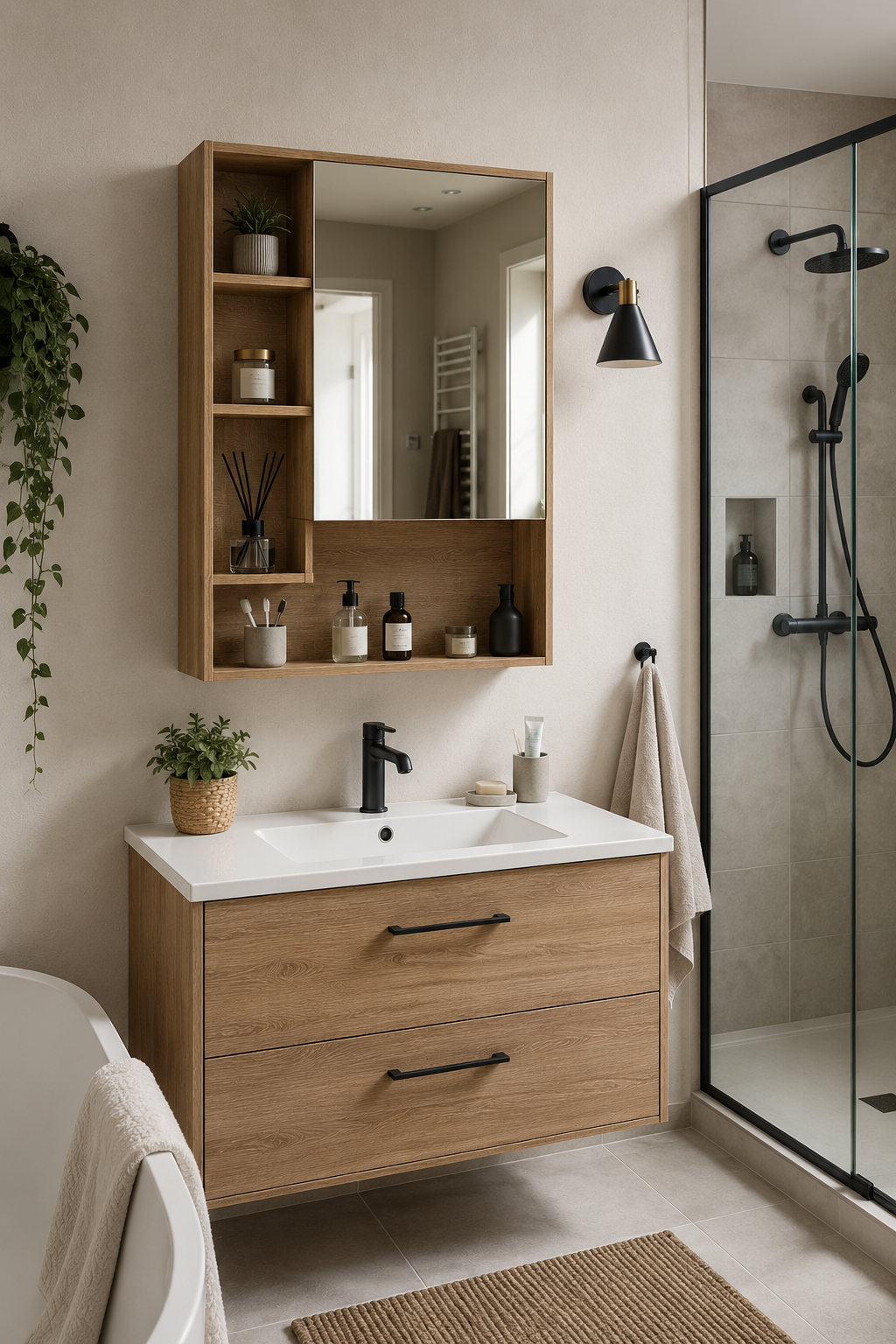 Armoire Murale Multifonction Porte Miroir Étagères Réglables
