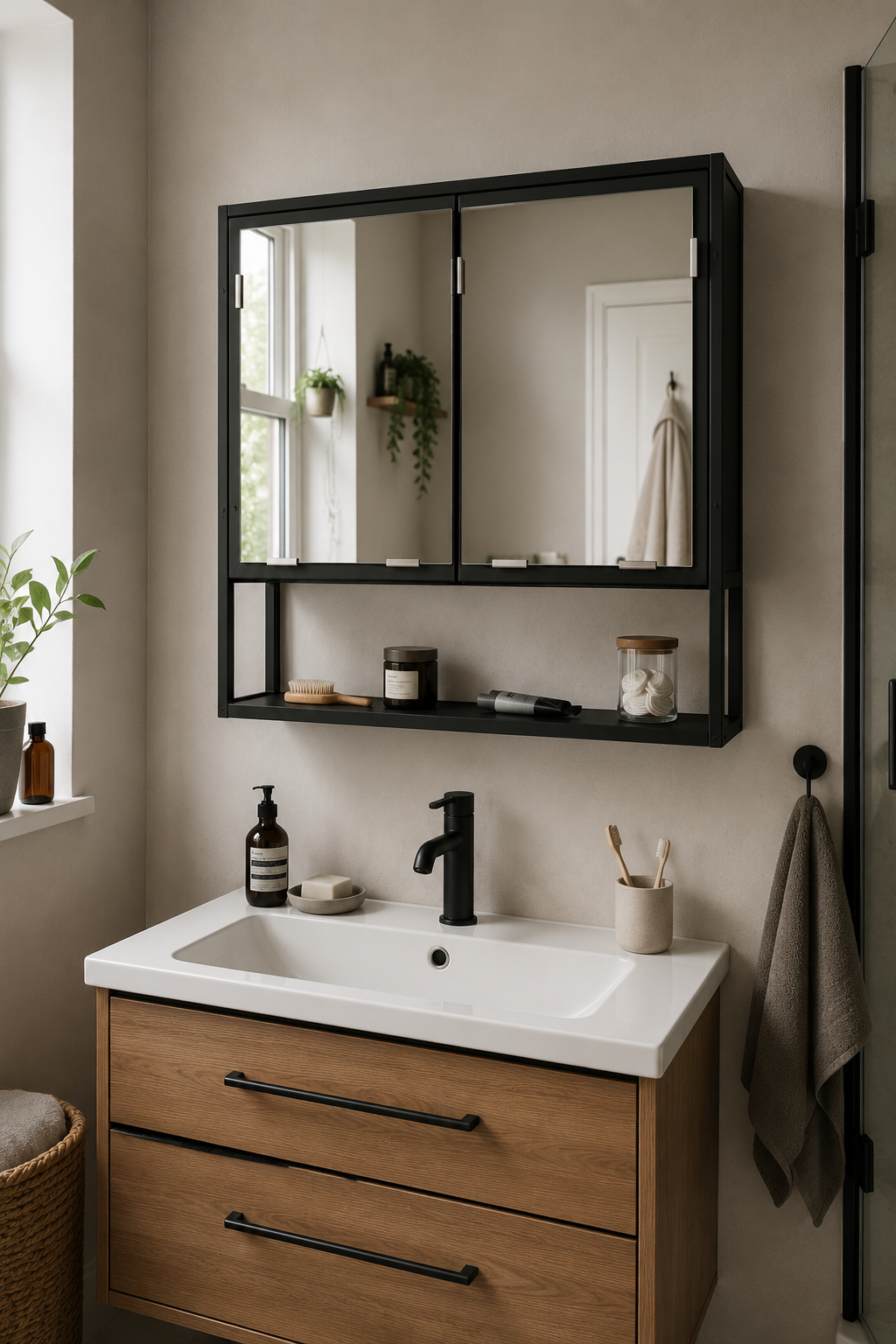 Armoire de Toilette Grand Rangement Porte Miroir 4 Coloris