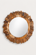 Miroir Rond Teck Massif Sculpté Pétales 2 Formats