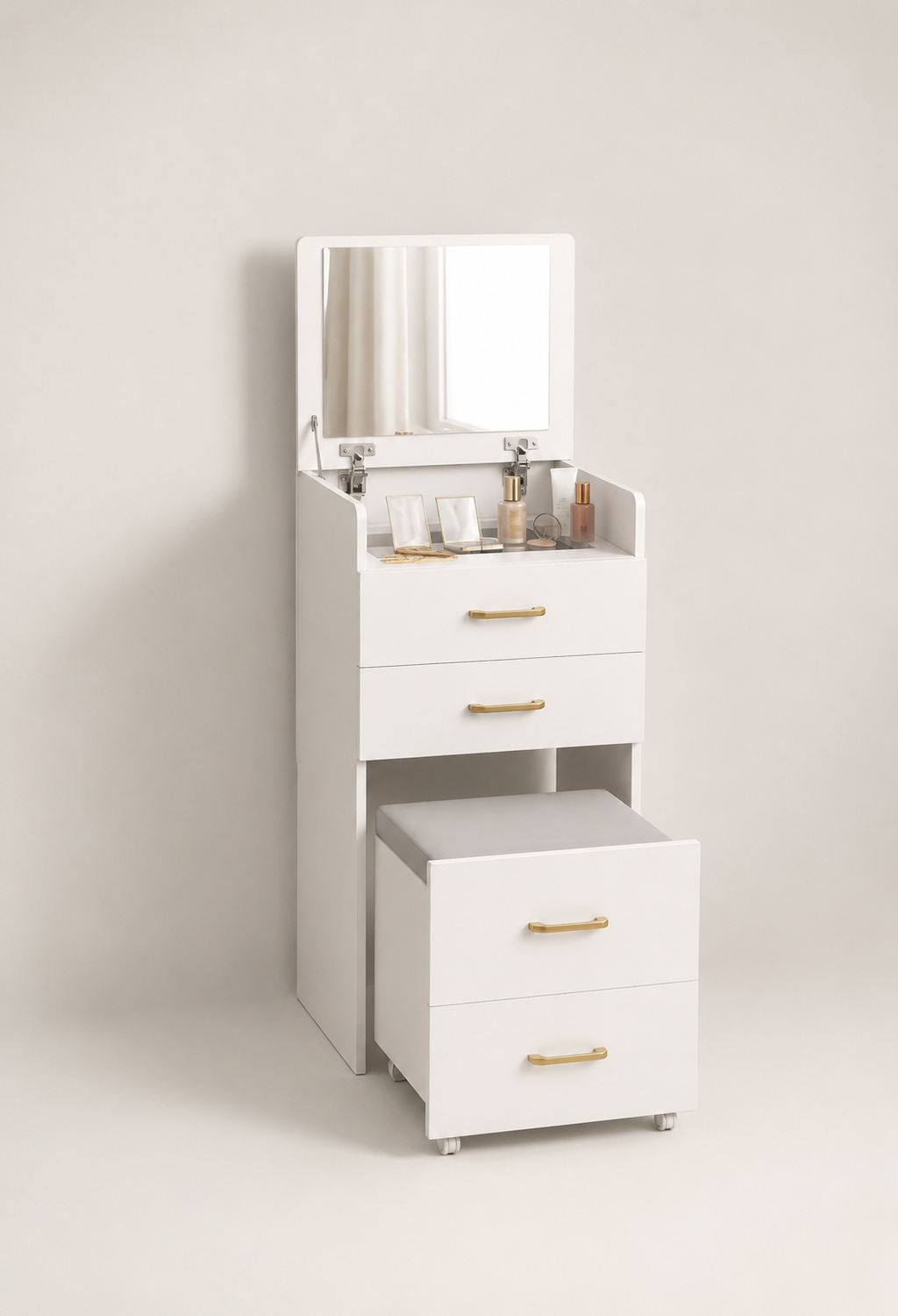 Coiffeuse 3-en-1 Blanche Miroir Intégré Tabouret Roulettes